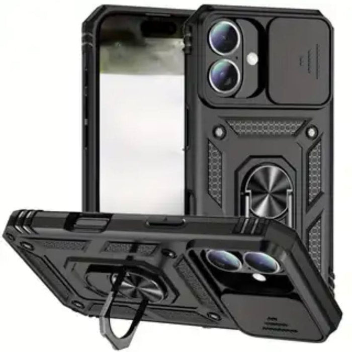 Black 9eight5 rugged armor case for iPhone 16 Plus (6.7 inch) with textured grip and reinforced edges.