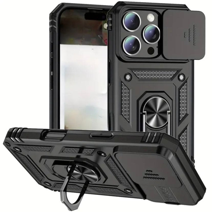 Black 9eight5 rugged armor case for iPhone 16 Pro Max 6.7-inch, designed for durable protection and sleek style.