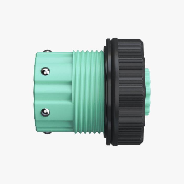 The HALOBLK Store Centerlock Hub Insert-Right features a mint green and black industrial design with a ribbed surface, three visible screws, and a textured black ring, shown side-on against a white background.