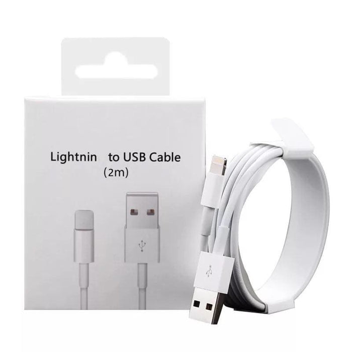 White 2-meter iPhone and iPad charger cable by 9eight5, compatible with Apple devices, with durable USB and Lightning connectors.