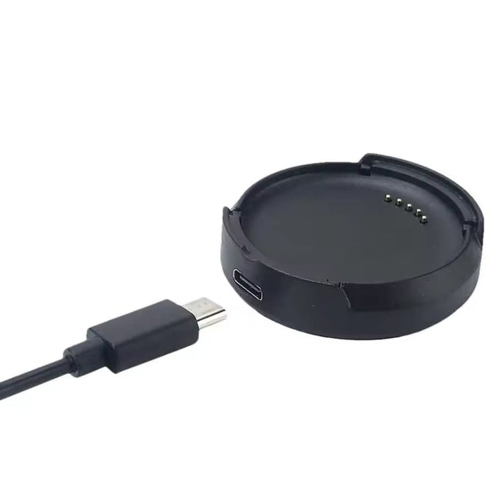 Black 1m charger cable for LG W7 (W315) SmartWatch, compatible charging cable by That Watch Shop, shown connected to smartwatch.