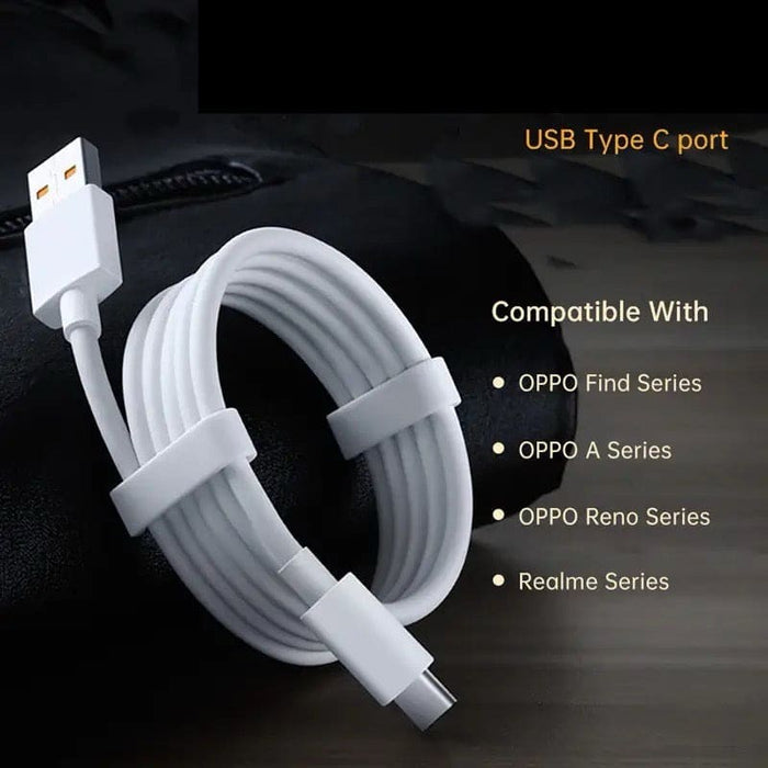 White 1m Oppo phone charger cable by 9eight5, showing the flexible cable and USB connector for electronic device charging.