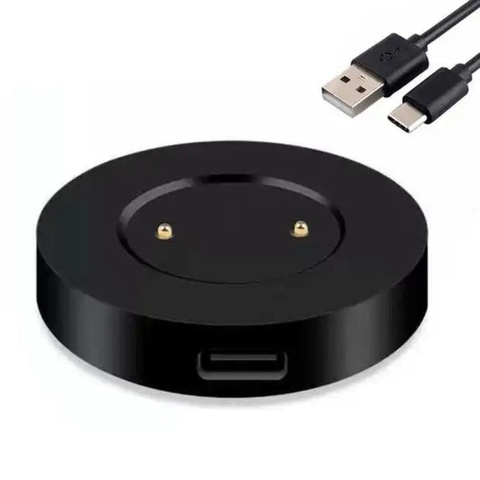 Black Huawei Watch charger dock connected via USB-C cable, designed for easy charging of Huawei smartwatches.