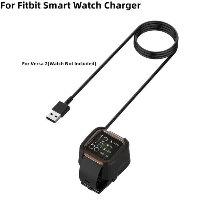 Fitbit Versa 2 charger with USB cable connected, compatible charging accessory for Fitbit smartwatch.