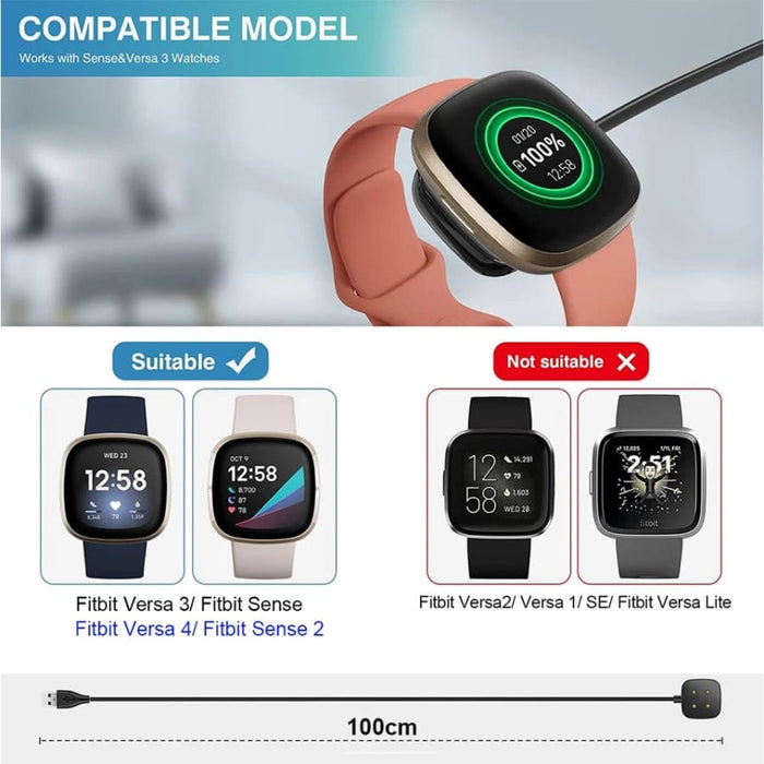 Fitbit Versa 4, Versa 3, Sense 2, or Sense charger by That Watch Shop showing the magnetic charging cable on a white background.