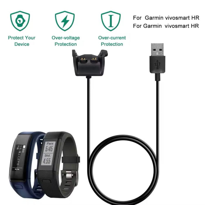 Garmin Vivosmart HR Plus charger, compatible with Garmin fitness tracker, black charging dock with cable connection.