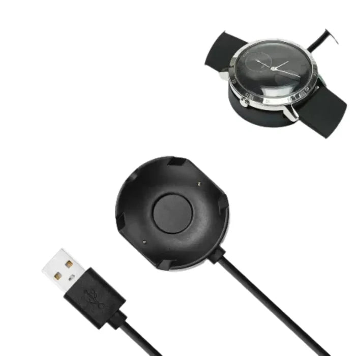 Habicare 9eight5 charging cable for Nokia Steel HR 40mm smartwatch, shown connected with the device on a white background.