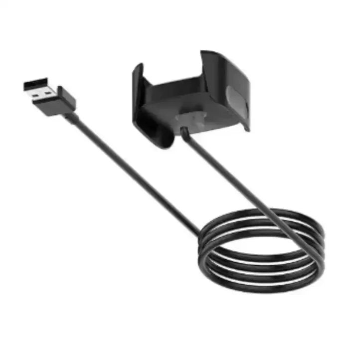 Habicare TWS charging cradle for Fitbit Versa 1 and Versa 2 smartwatch, shown holding the device for charging.