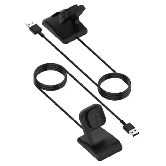 Habicare TWS charging station for Fitbit Sense and Versa fitness smartwatches, with charging docks and cables.