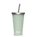 Mint green tumbler with a silver lid and black straw on a white background