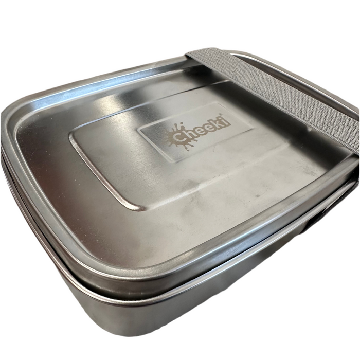 Stainless steel food container with lid on a white background