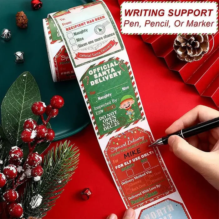 Set of 200 Habicare Christmas gift labels in SS style, featuring festive designs for holiday gift wrapping.