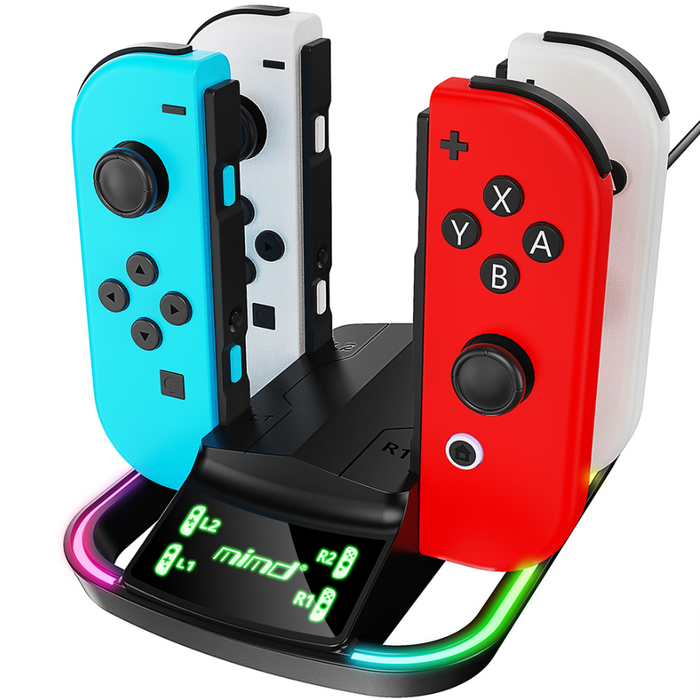 Techplus Classic 4-in-1 Fast Charger RGB LED Charging Dock stand for Nintendo Switch Joy-Con controllers, with colorful LED lighting.