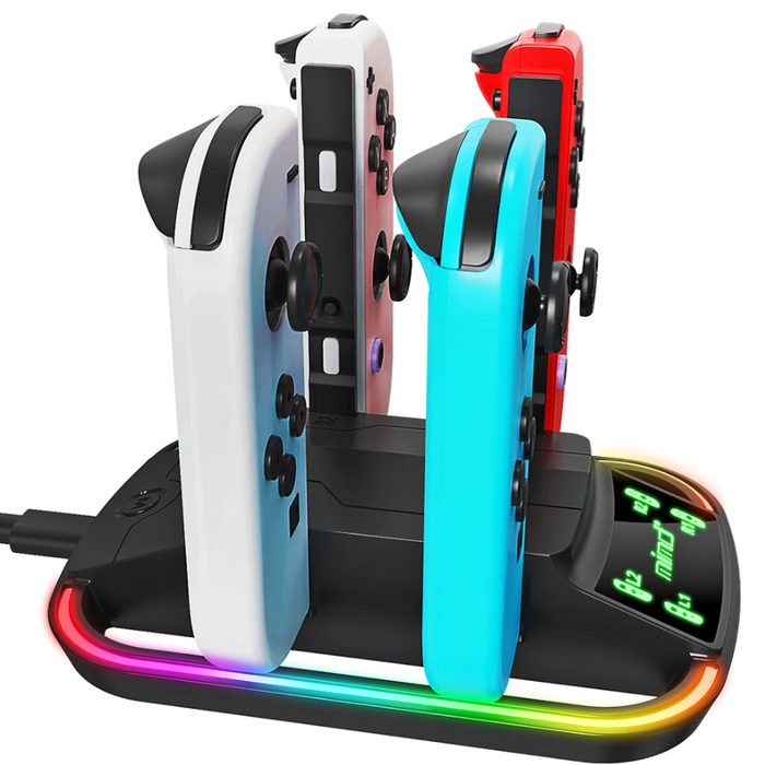 Techplus 4-in-1 RGB LED Nintendo Switch Joy-Con charging dock stand for fast, organized gaming accessory.