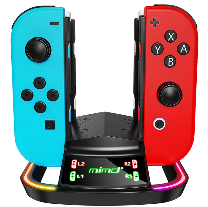 Techplus 4-in-1 RGB LED Nintendo Switch Joy-Con charging dock stand with gaming accessory for fast, organized charging.