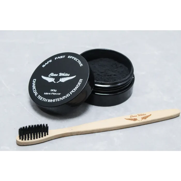 Clean Whites Charcoal Teeth Whitening Kit with whitening gel and applicator for brighter, whiter teeth.