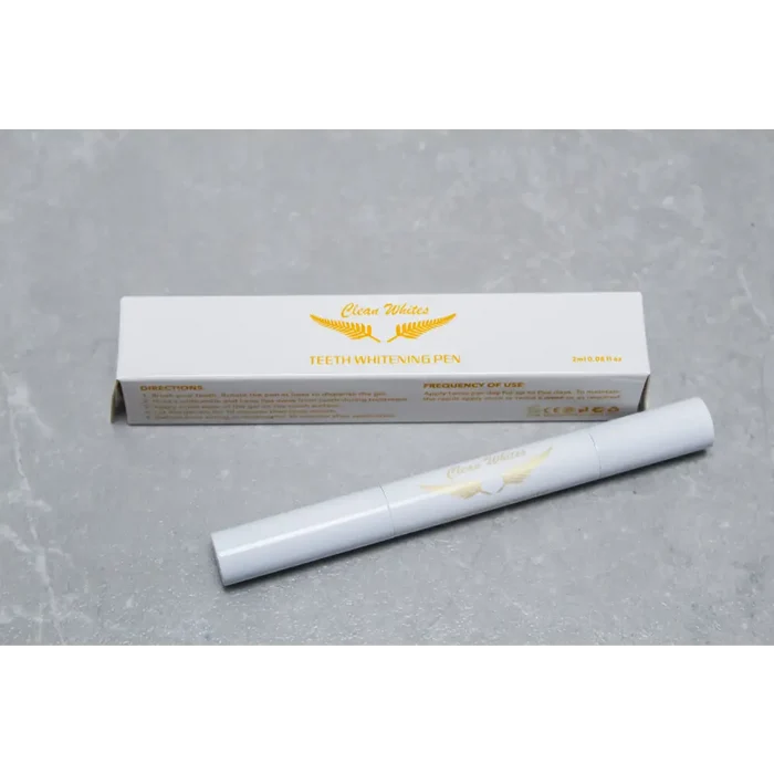 Clean-Whites Teeth Whitening Pen showing the pen with white cap and branding, designed for quick at-home teeth whitening.