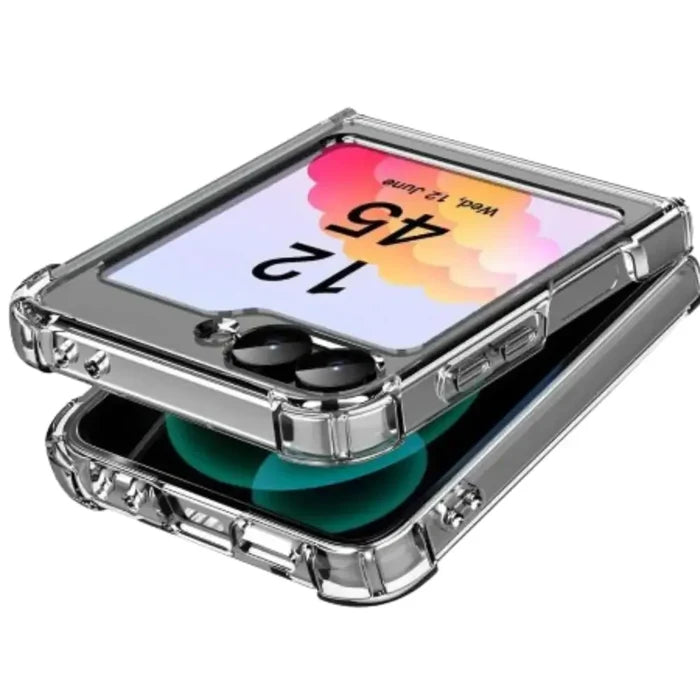 Clear bumper case for Samsung Z Flip series by Habicare, showing protective transparent cover with reinforced edges.