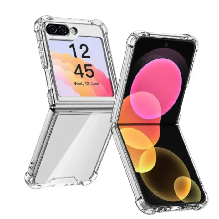 Clear bumper case for Samsung Z Flip series by 9eight5, designed by Habicare, showing the transparent protective cover on the phone.