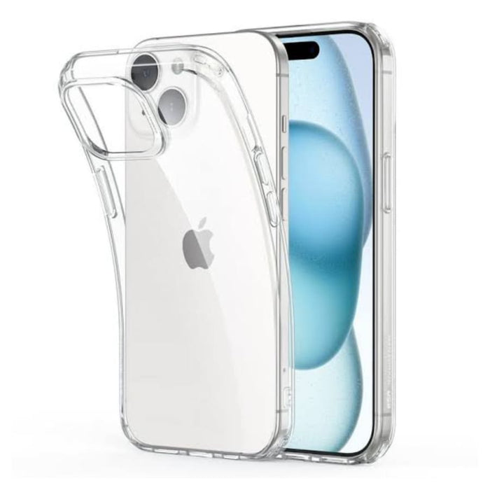 Clear 9eight5 iPhone 15 (6.1-inch) case showing sleek transparent design with precise cutouts for buttons and camera.