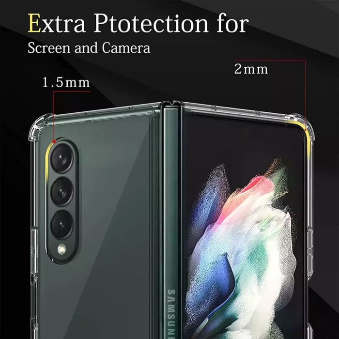 Clear Samsung Galaxy Z Fold 3 case by 9eight5 showing the protective cover with cutouts for cameras and hinges.