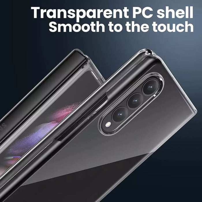 Clear phone case for Samsung Galaxy Z Fold 4 by 9eight5, showcasing a sleek transparent design with precise cutouts for buttons and camera.