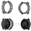 Black clear protective watch case for Garmin Forerunner 645 series, designed to shield the smartwatch from scratches and impacts.