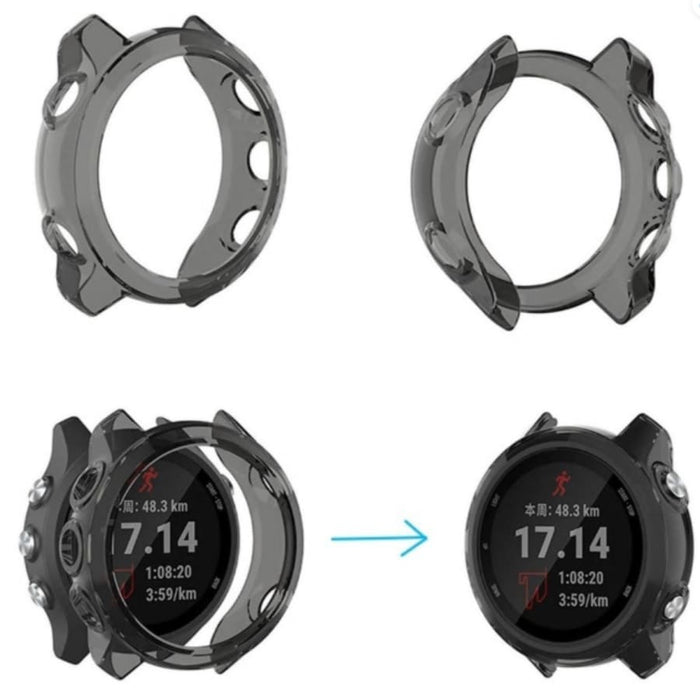 Black clear protective watch case for Garmin Forerunner 645 series, designed to shield the smartwatch from scratches and impacts.