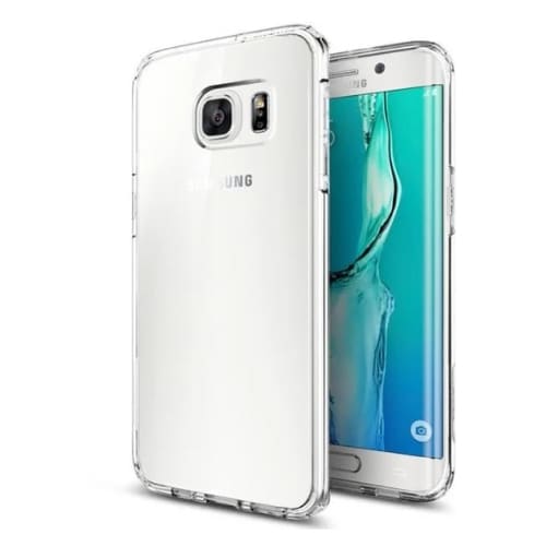Clear silicone phone case for Samsung Galaxy S6 Edge Plus by 9eight5, showing the slim, transparent design protecting the device.
