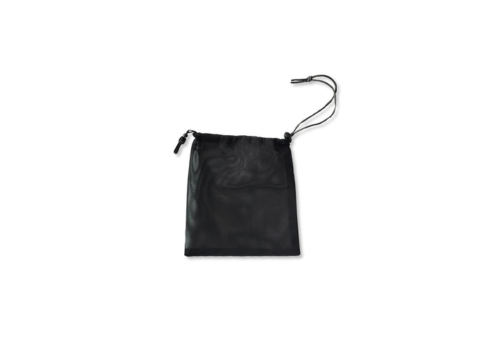Black drawstring pouch made of lightweight material, perfect for storage and travel.