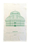 Tea towel with green botanical garden glasshouse design on a white background