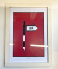Framed artwork with a red background, black and white design, and 'GRA' text.
