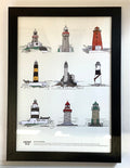 Framed artwork of various lighthouses on a white background
