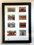 Framed print of illustrations of various pubs on a white background