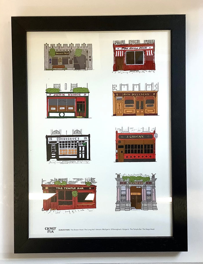 Framed print of illustrations of various pubs on a white background