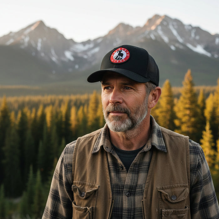Black trucker hat with red logo, perfect for outdoor adventures and casual wear.