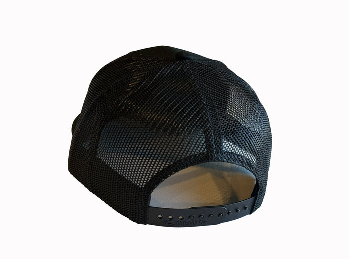 Black mesh trucker cap with adjustable snapback, ideal for outdoor activities and casual wear.