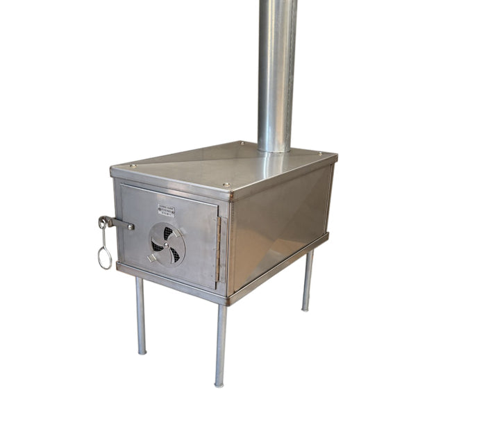 Compact stainless steel camping wood stove with chimney and adjustable air vent for outdoor use.