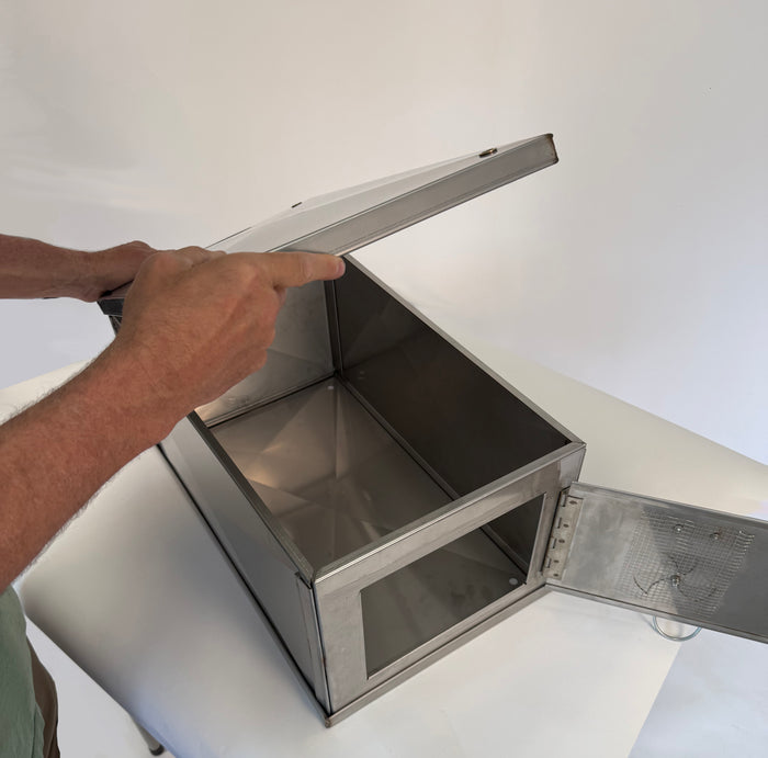 Stainless steel storage box with lid, showcasing spacious interior and ventilation mesh for easy access.