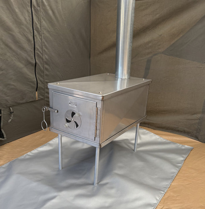 Compact stainless steel camping wood stove with flue, ideal for outdoor heating.