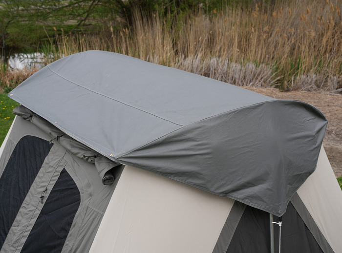 Grey camping tent rainfly, durable fabric, designed for weather protection and easy setup.