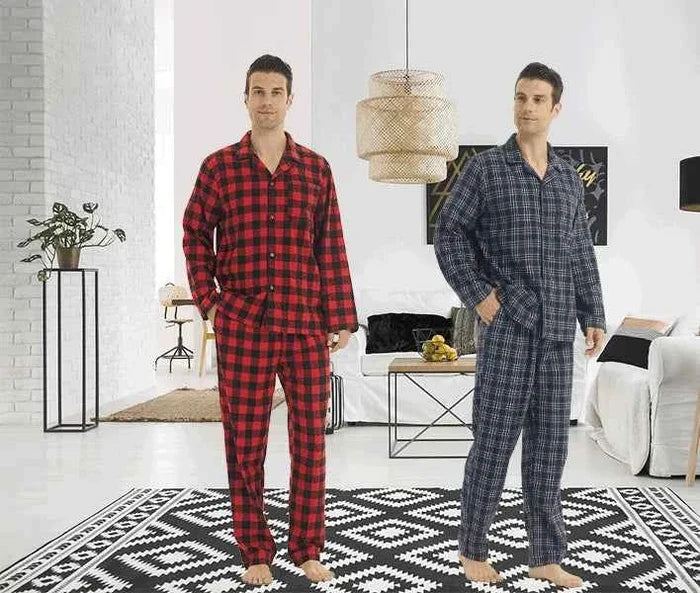 Cozy men's flannel pyjama set from ShopHub NZ featuring a classic plaid design, soft cotton sleepwear for comfortable nights.