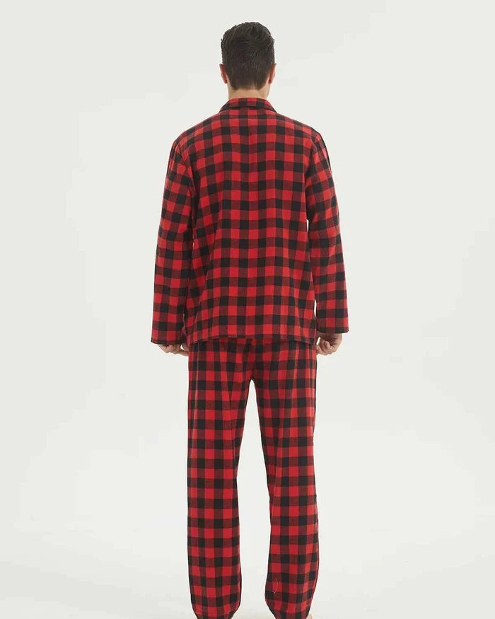 Cozy men's flannel pyjama set by ShopHub NZ featuring a plaid cotton sleepwear design with long sleeves and matching pants.