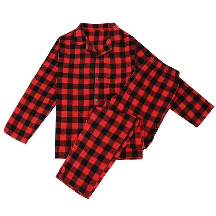 Cozy men's flannel pyjama set with plaid pattern, made of soft cotton, ideal for comfortable sleepwear from ShopHub NZ.