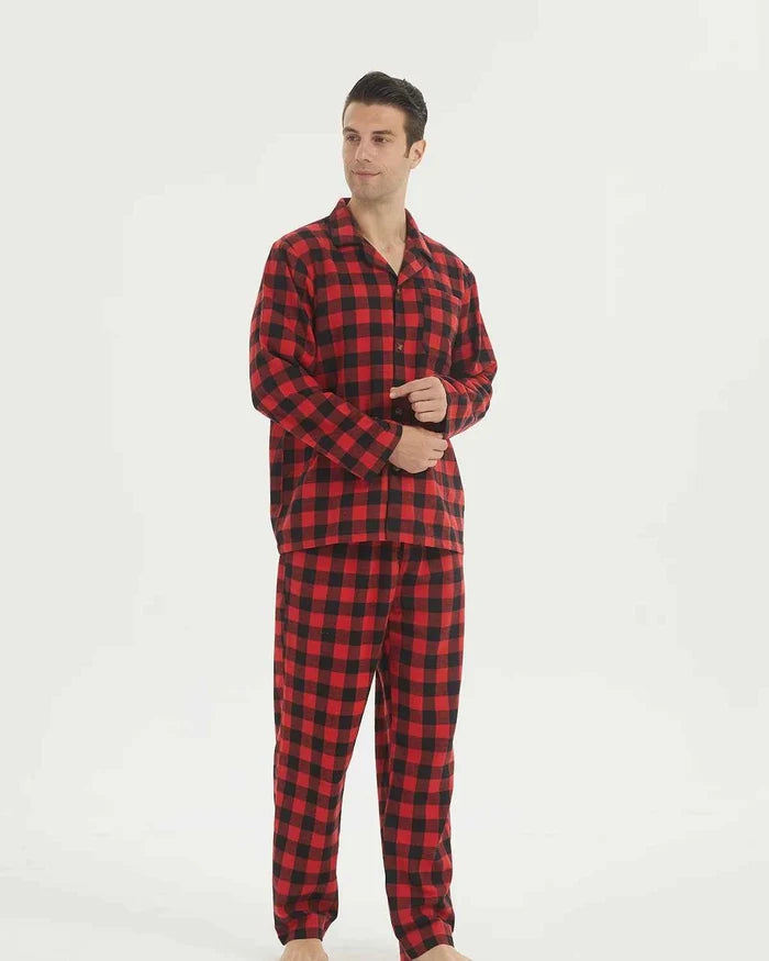 Cozy men's flannel pyjama set from ShopHub NZ featuring a classic plaid pattern, soft cotton sleepwear for comfortable nights.