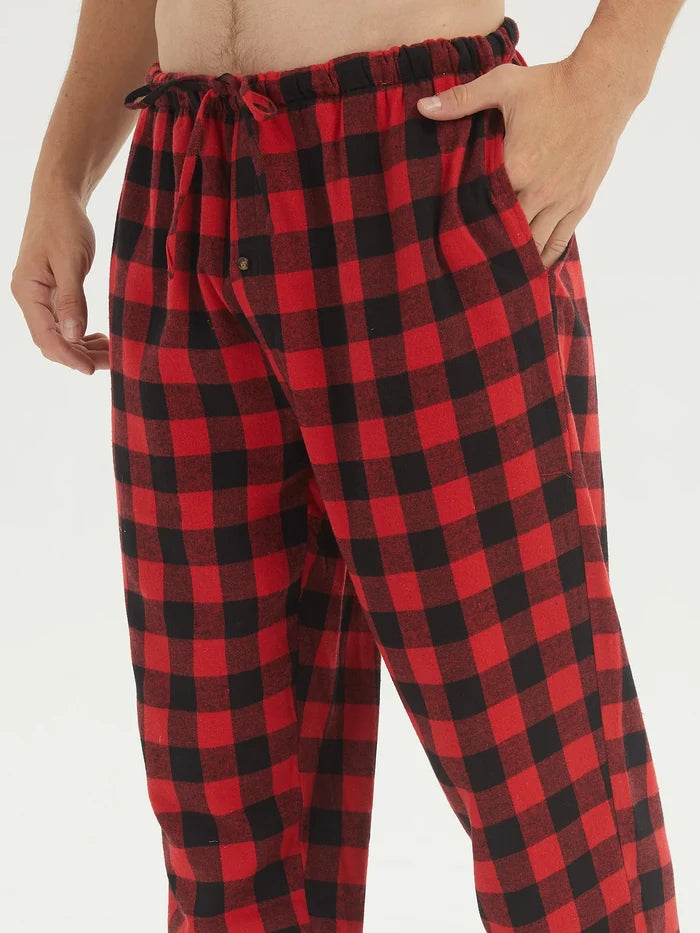 Men's flannel pyjama set in plaid, cozy cotton sleepwear from ShopHub NZ, featuring a button-up top and matching pants.