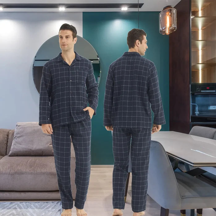 Cozy men's flannel pyjama set by ShopHub NZ featuring plaid cotton sleepwear with long sleeves and button-up top.