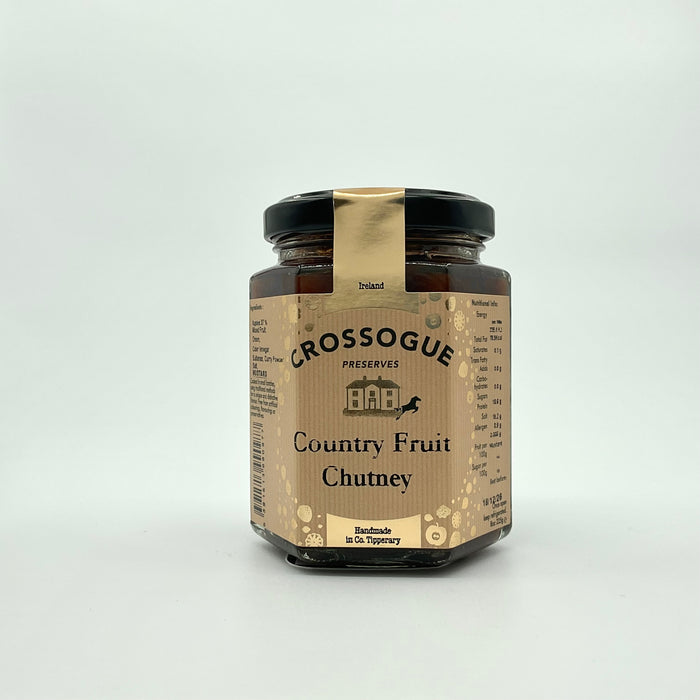 A jar of Crossogue Country Fruit Chutney with a label that includes the brand name, product name, and additional details such as 'BAB' and '100% Irish'.