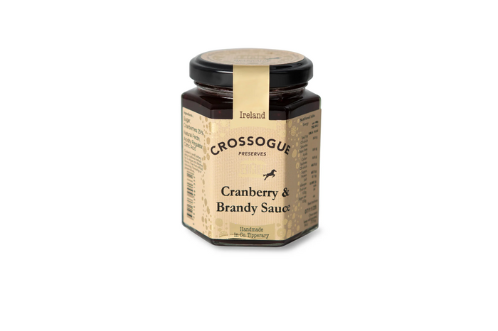 Jar of Crossogue Cranberry & Brandy Sauce on a white background