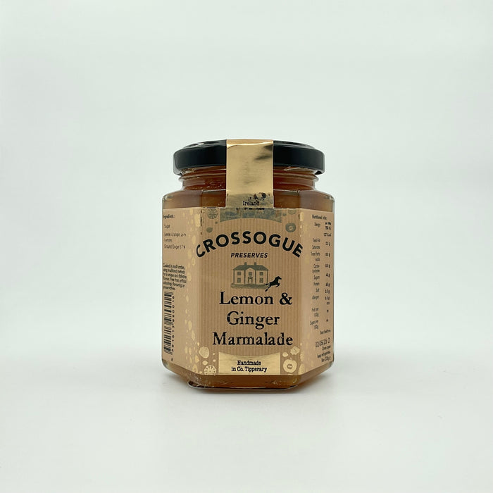 A jar of Crossogue Lemon & Ginger Marmalade with a label that includes the product name and a brief description.
